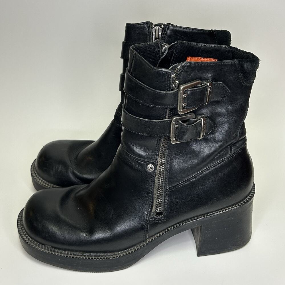 HARLEY DAVIDSON LEATHER ANKLE BOOTS Y2K Chunky Heel Zipper Black Women Size 9.5